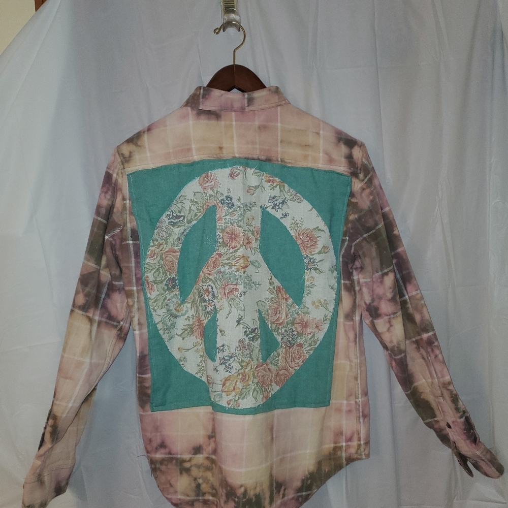 Upcycled Bleached Flannel with Giant Floral Peace Sign on back Sz. M